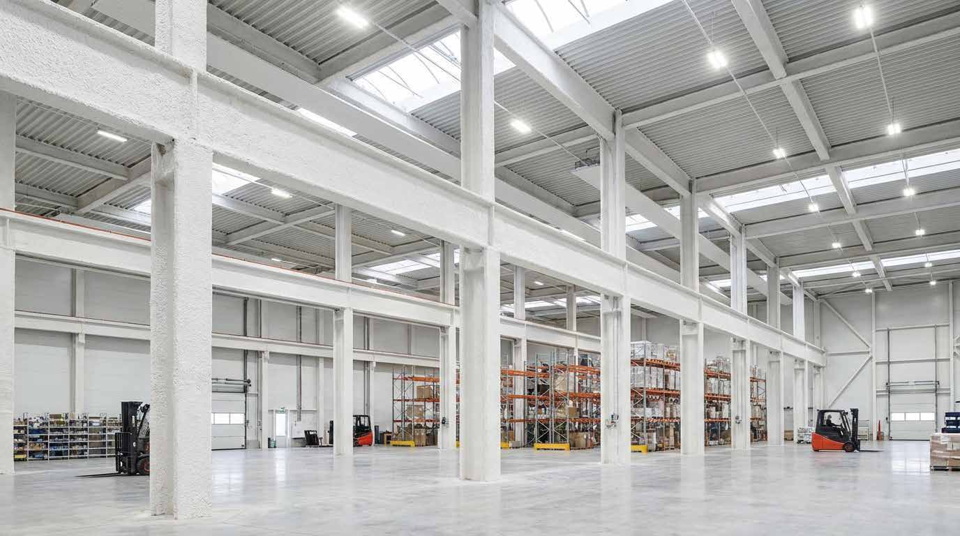 Nave industrial con estructura metálica protegida, imagen del brochure QTech Contra Incendios